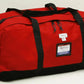 Red turnout gear bag with black straps and side zipper for firefighter gear storage