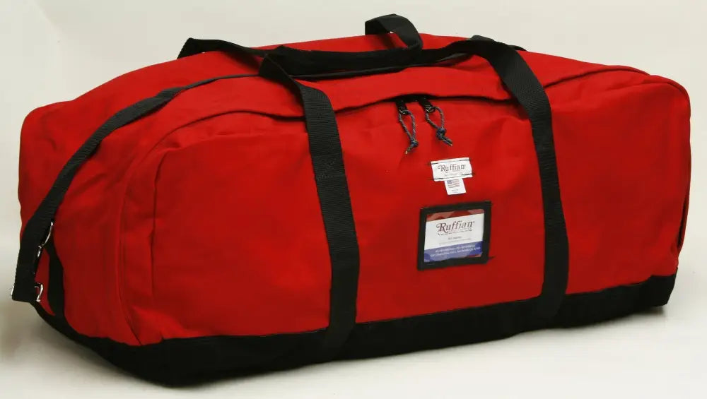 Red turnout gear bag with black straps and side zipper for firefighter gear storage