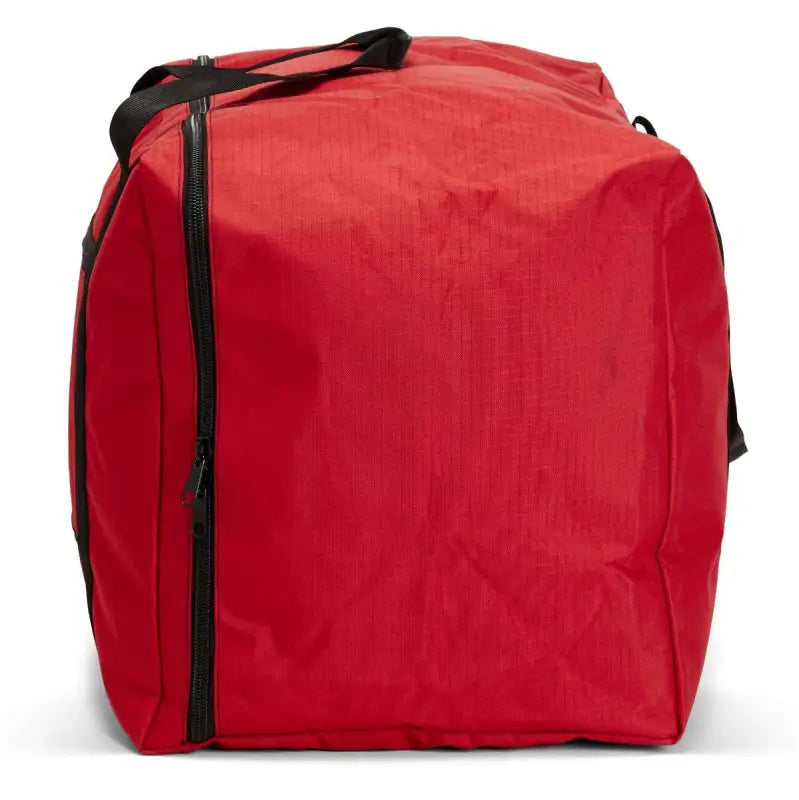 Red duffel bag with black straps, ideal for firefighter turnout gear and water resistant outer fabric