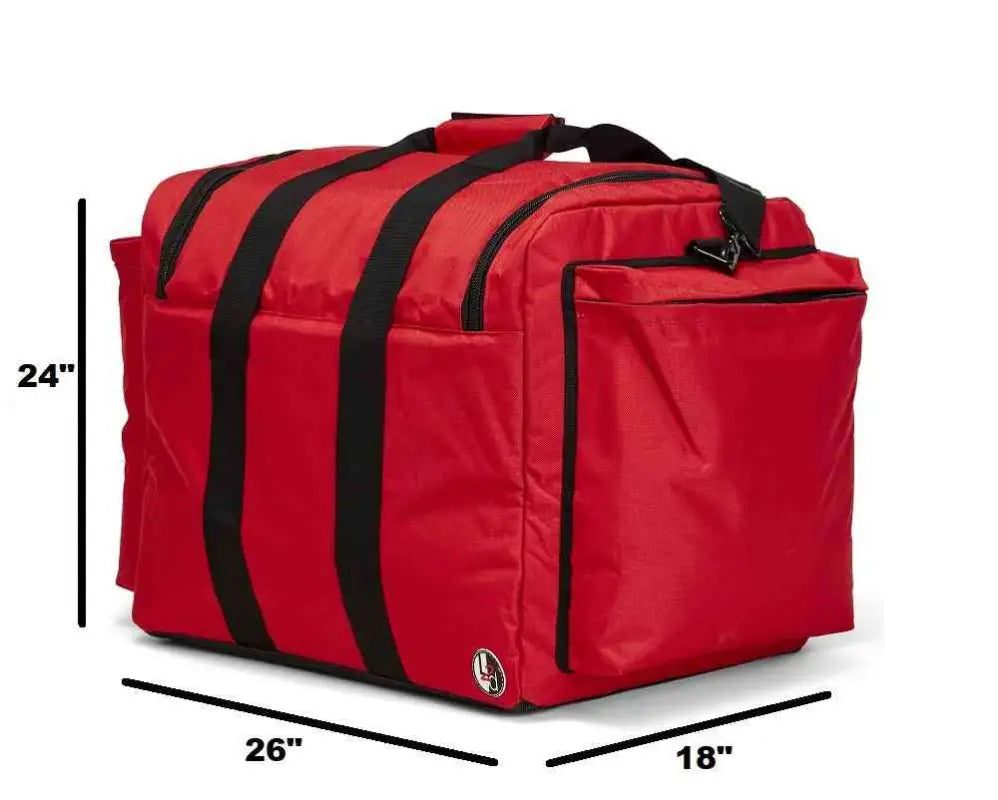 Red XXL Turnout Gear Bag with Black Straps and Dimensions for Firefighter Use