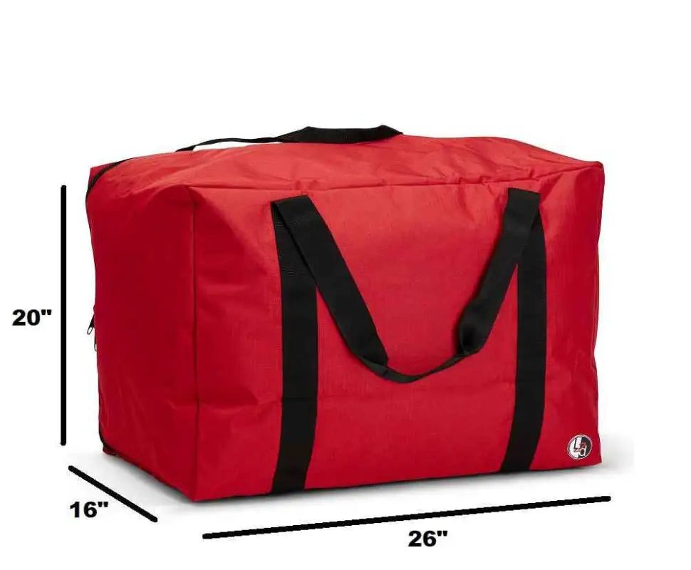 Red duffle bag with black handles for Firefighter Turnout Gear, featuring water resistant outer fabric