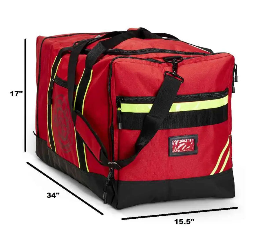 Red duffle bag with black straps and reflective accents for firefighter helmet and turnout gear