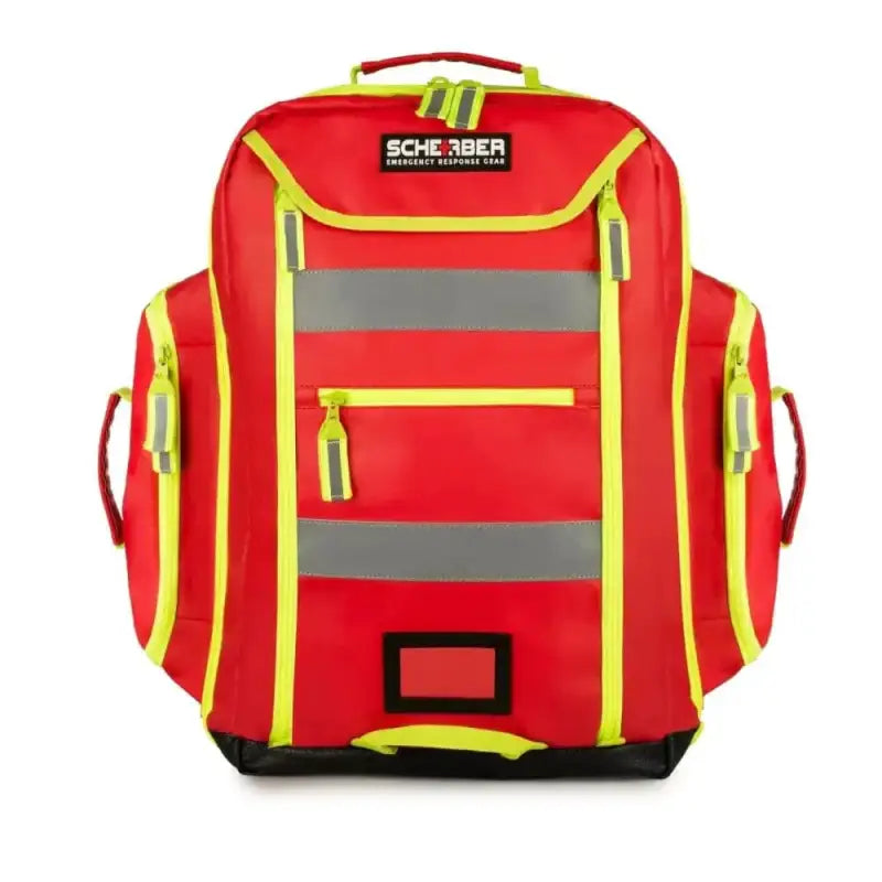 Red Scherber Ultimate First Responder Trauma O2 Backpack with yellow trim and reflective stripes