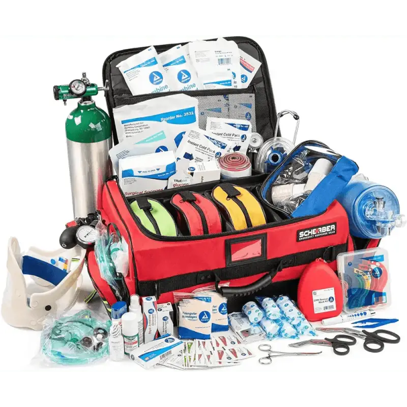 Red emergency medical response bag with first aid and oxygen equipment, Scherber Ultimate Responder Trauma Kit, Fully Stocked