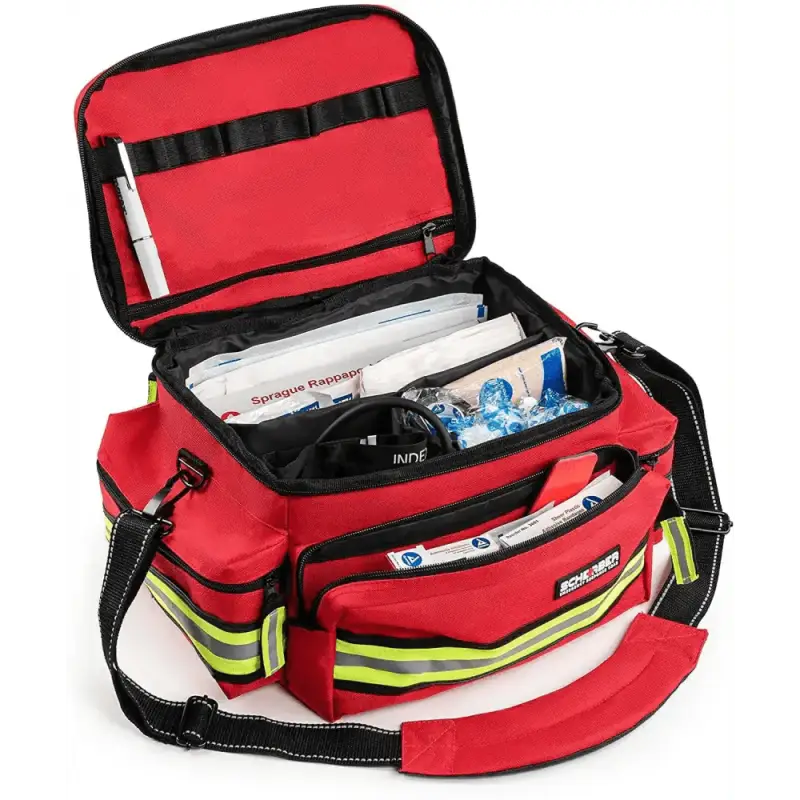 Red emergency medical response bag with reflective stripes in Scherber Basic First Responder Trauma Kit - Fully Stocked