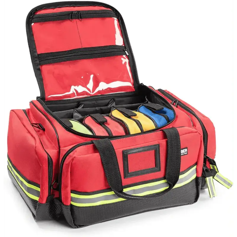 Red emergency medical response bag with reflective stripes, ideal for professional advanced EMT use