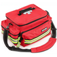 Red emergency medical response bag with reflective stripes for EMT EMS trauma needs