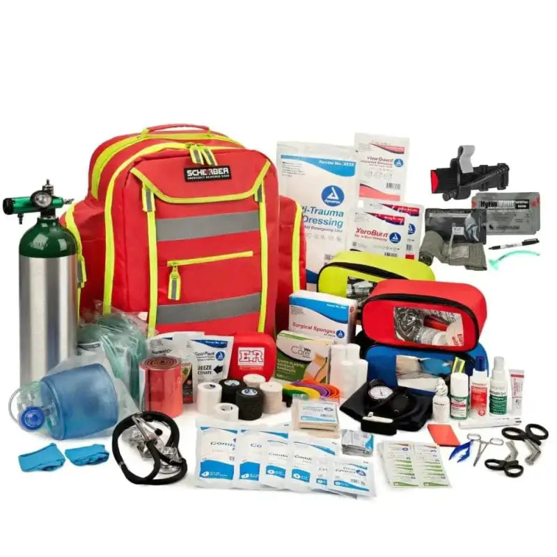 Red Scherber Ultimate First Responder Trauma O2 Backpack with medical supplies displayed