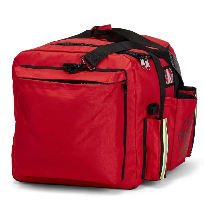 Red emergency response bag with compartments for Firefighter XXL Turnout Gear