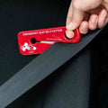 Red Emergency Seat Belt Cutter tool with icons for quick rescue, part of line2design belt cutters rescue