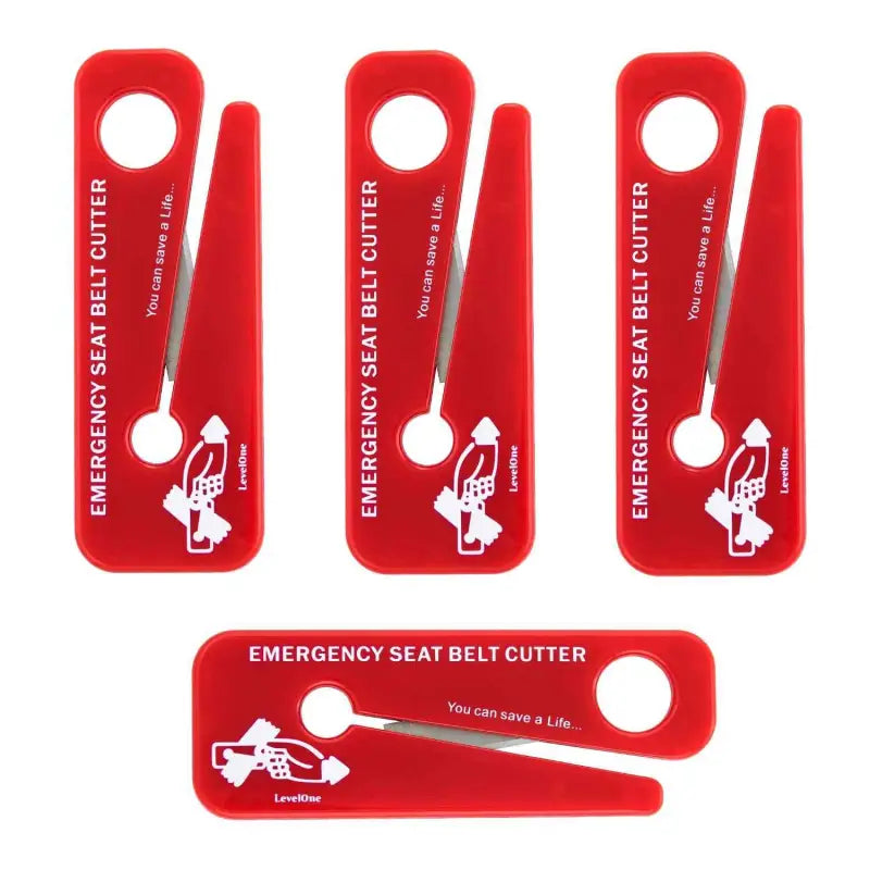 Red Emergency Seat Belt Cutters for rescue, featuring illustrated usage instructions