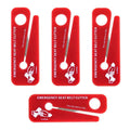 Red Emergency Seat Belt Cutters for rescue, featuring illustrated usage instructions