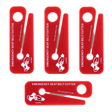 Red Emergency Seat Belt Cutters for rescue, featuring illustrated usage instructions