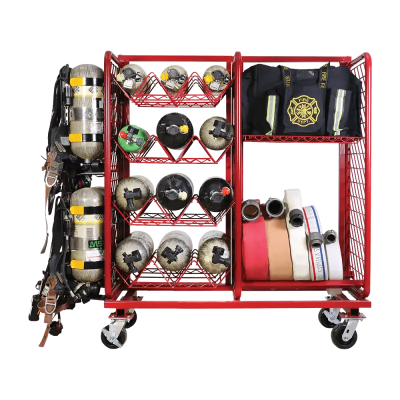 Red fire equipment storage cart for multiple purpose storage in the Multiple Purpose Storage System