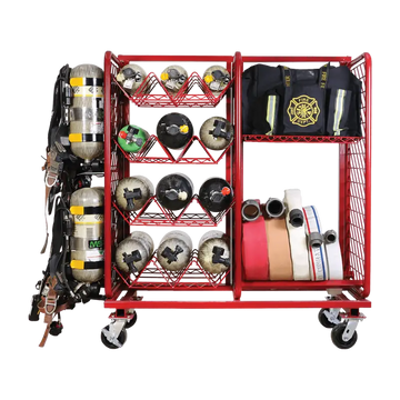 Red fire equipment storage cart for multiple purpose storage in the Multiple Purpose Storage System