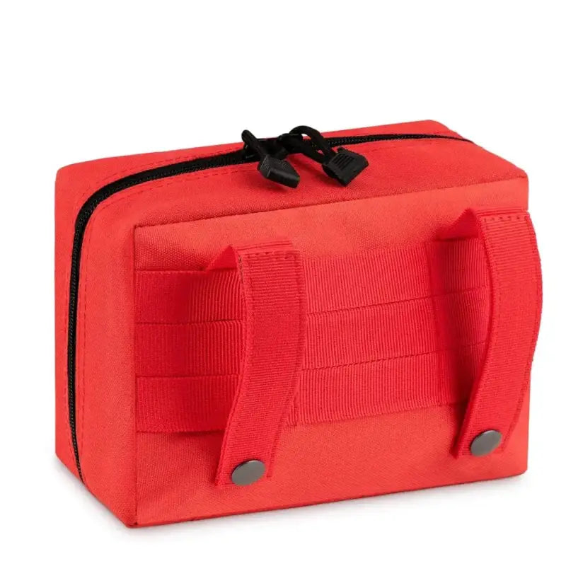 Red fabric lunch bag with black zipper for Scherber Public Access Bleeding Control Kit