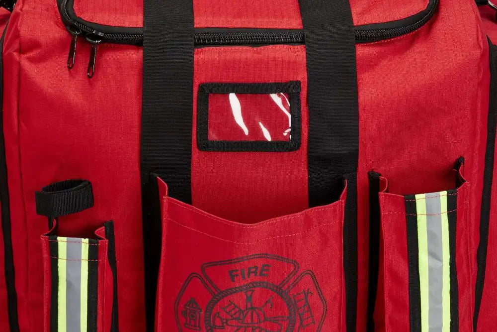 Red Firefighter XXL Turnout Gear Bag with Reflective Trim and Fire Department Emblem