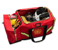 Red 3XL Turnout Gear Bag with reflective stripes and fire department emblem, shoulder strap