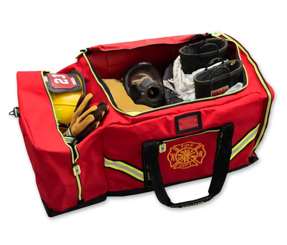 Red 3XL Turnout Gear Bag with reflective stripes and fire department emblem, shoulder strap