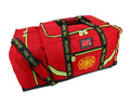 Red 3XL Turnout Gear Bag with reflective stripes and fire department logo, shoulder strap