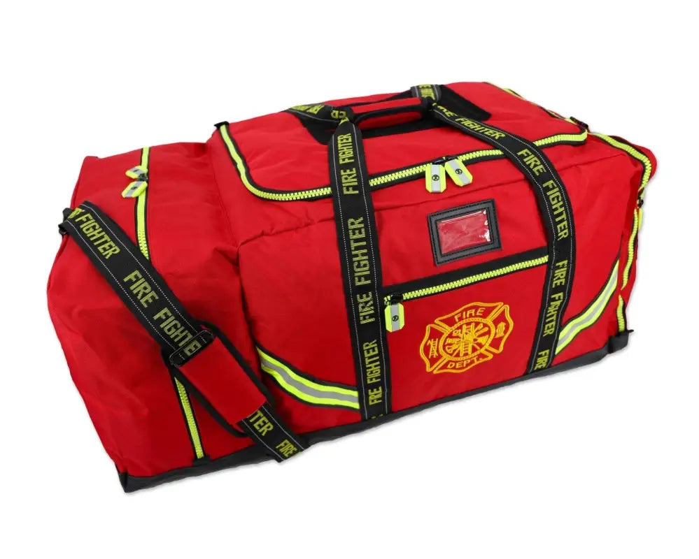 Red 3XL Turnout Gear Bag with reflective stripes and fire department logo, shoulder strap