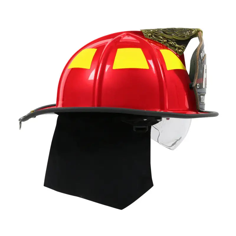 Red firefighter helmet with face shield and neck protector, Pacific F18 traditional style structural firefighting helmet