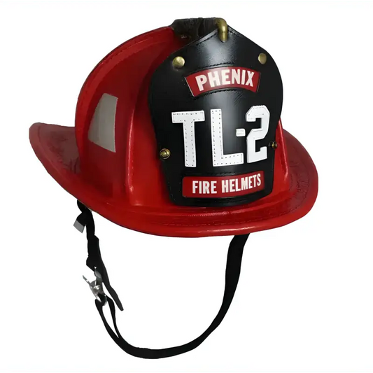 Red Phenix TL2 Leather Helmet with black chin strap, featuring NFPA compliant design