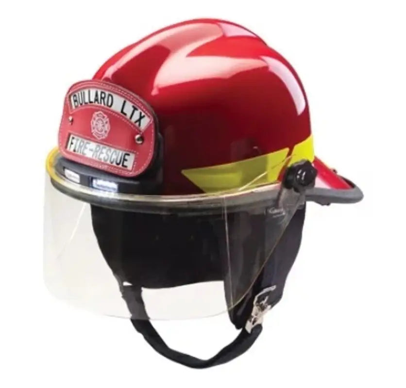 Red Bullard LT Firedome Firefighter Helmet with protective face shield and chin strap