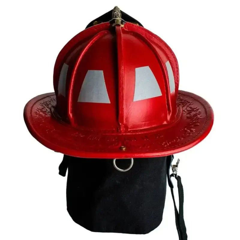 Red Phenix TL2 Leather Helmet with reflective panels and black neck protector, NFPA compliant