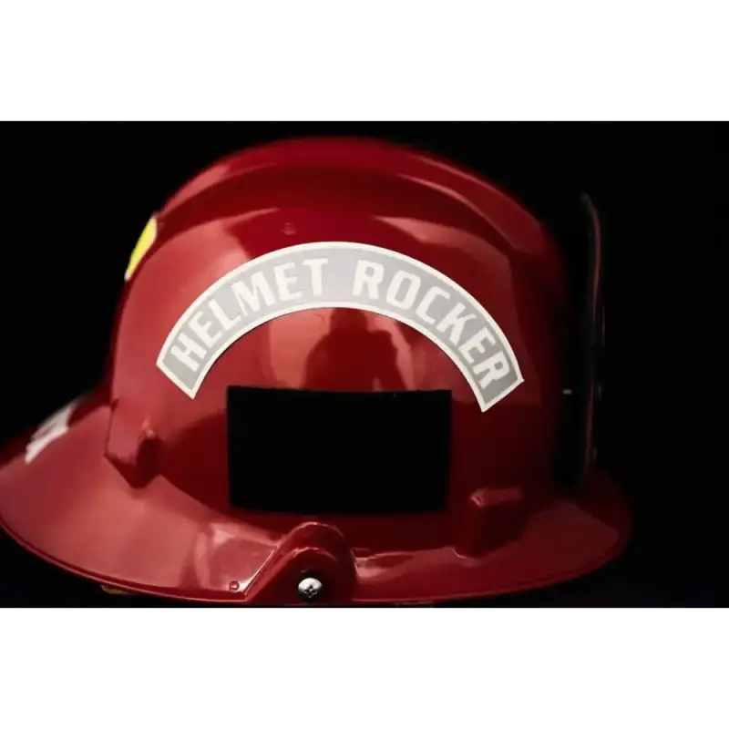 Red IdentiFire USAR helmet with HELEM ROCKER text, made with 3M Scotchlite reflective material