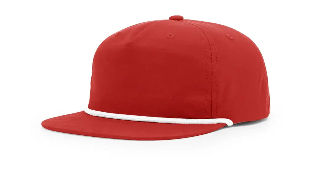 Red flat-brimmed baseball cap with leather patch for first responders and firefighters