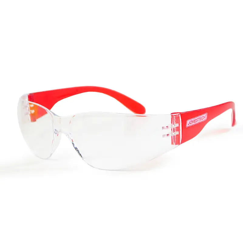 Red-framed clear safety glasses for high impact protection and comfortable protection