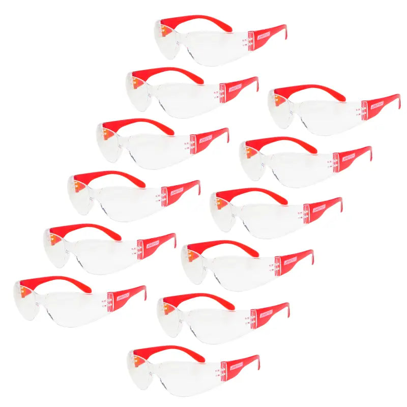 Red-framed safety glasses offering clear vision and high impact protection for comfortable protection