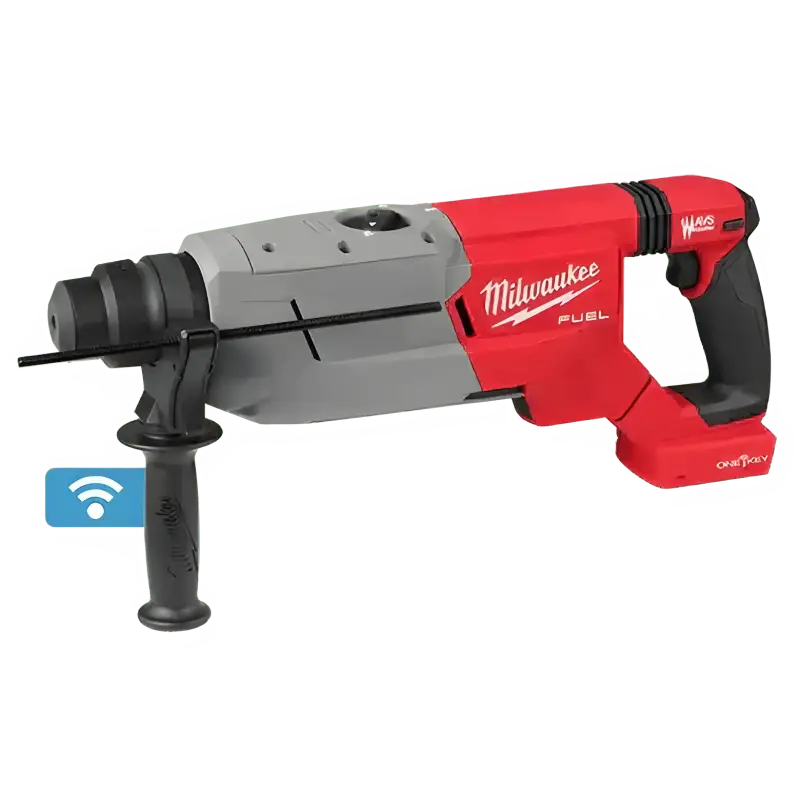 Red and gray Milwaukee 2916-20 M18 FUEL D-Handle Rotary Hammer with WiFi connectivity