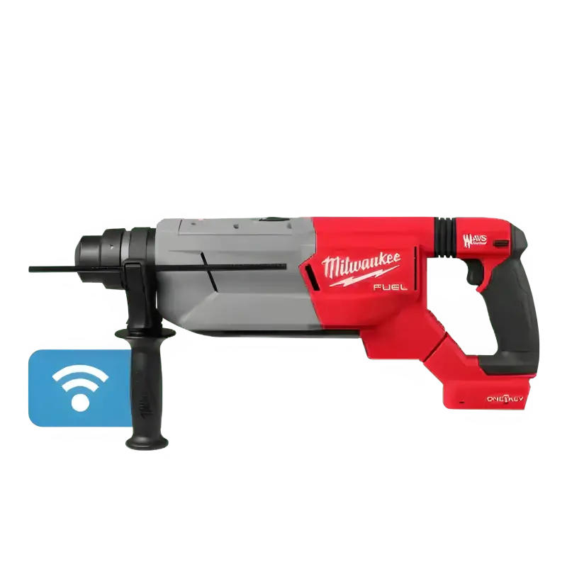 Red and gray Milwaukee 2916-20 M18 FUEL 1-1 D-Handle Rotary Hammer with WiFi connectivity