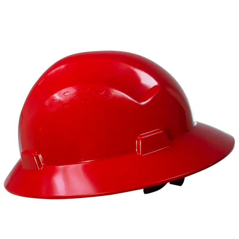 Red Full Brim Safety Hard Hat with 4 Point Suspension meets ANSI Z89 standards