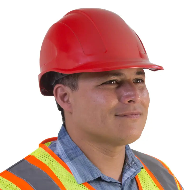 Red hard hat with 4 point suspension and brow liner for cap style safety