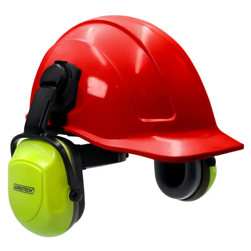 Red cap-style hard hat kit with high vis mountable earmuffs for safety and protection