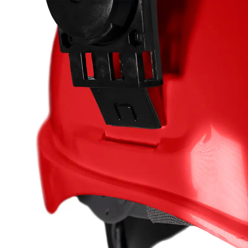 Red cap-style hard hat with black attachment from hard hat kit featuring hi-transparency face shield