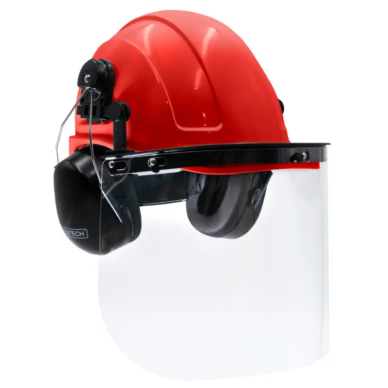 Red cap-style hard hat kit featuring mountable earmuffs and a hi-transparency face shield