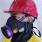 Red hard hat with full face respirator for Hot Shield HS-4 Mask compatible with Sundstrom SR-100 half face respirator