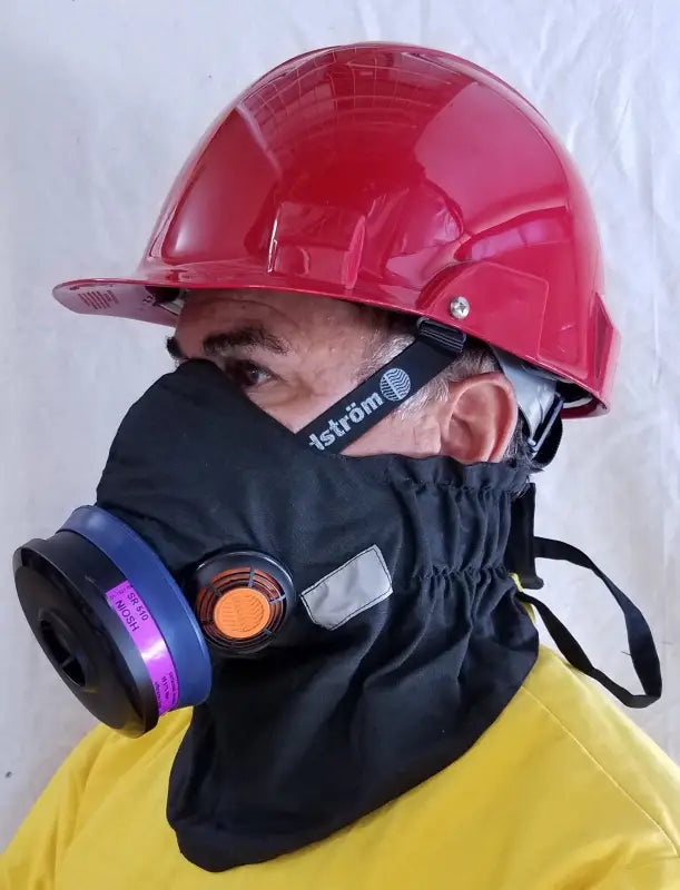 Red hard hat with full face respirator for Hot Shield HS-4 Mask compatible with Sundstrom SR-100 half face respirator