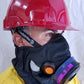 Red hard hat with full face respirator for Hot Shield HS-4 Mask compatible with Sundstrom SR-100 half face respirator