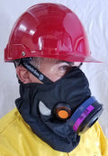 Red hard hat with full face respirator for Hot Shield HS-4 Mask compatible with Sundstrom SR-100 half face respirator