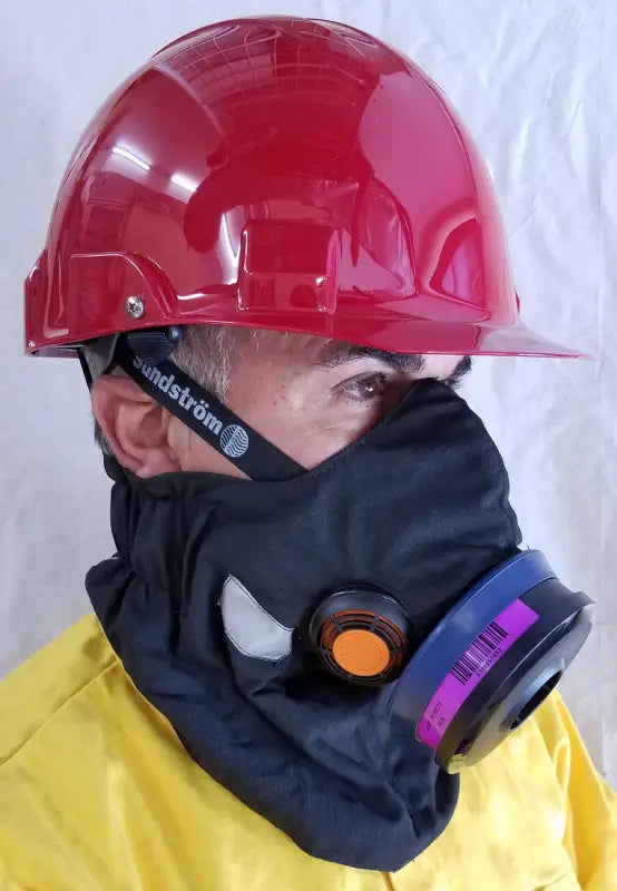 Red hard hat with full face respirator for Hot Shield HS-4 Mask compatible with Sundstrom SR-100 half face respirator