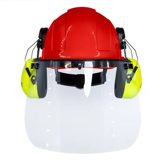 Red cap-style hard hat kit with lime mountable earmuffs and hi-transparency face shield