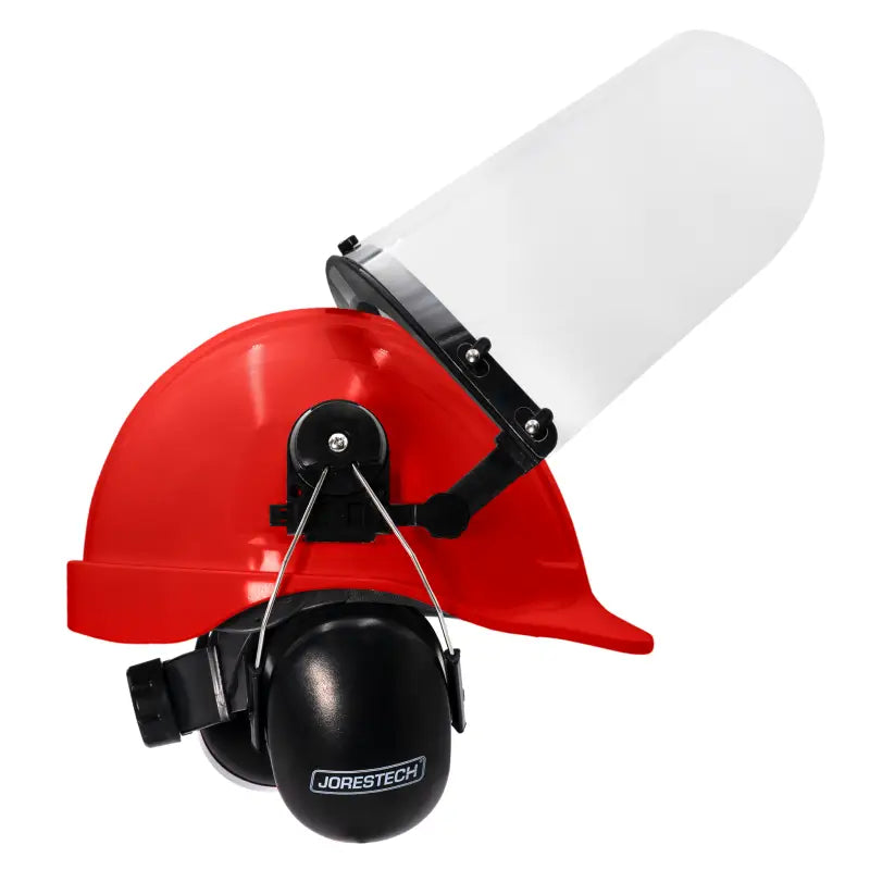 Red cap-style hard hat kit featuring a hi-transparency face shield and earmuffs