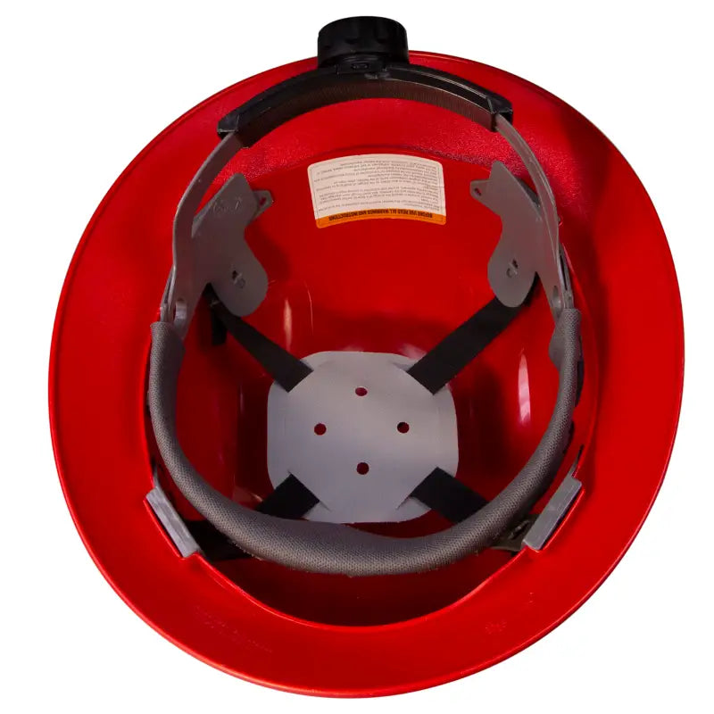 Red hard hat interior of Full Brim Safety Hard Hat with 4 Point Suspension ANSI Z89 compliant