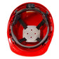 Interior view of a red cap style safety hard hat with 4 point suspension and brow liner