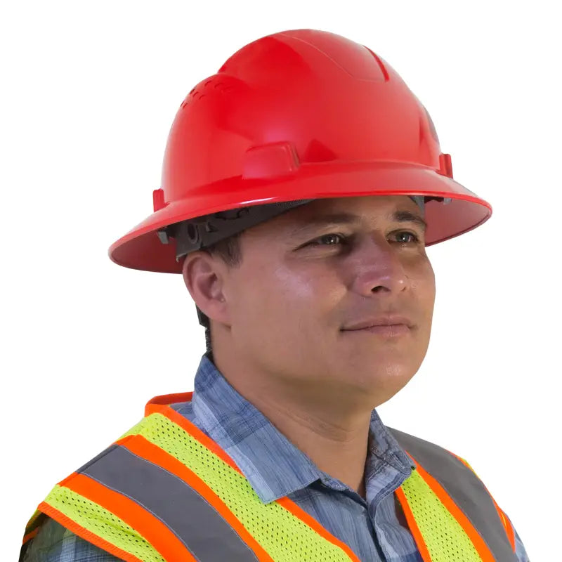 Red Full Brim Safety Hard Hat with 4 Point Suspension and Reflective Vest for ANSIZ89 compliance